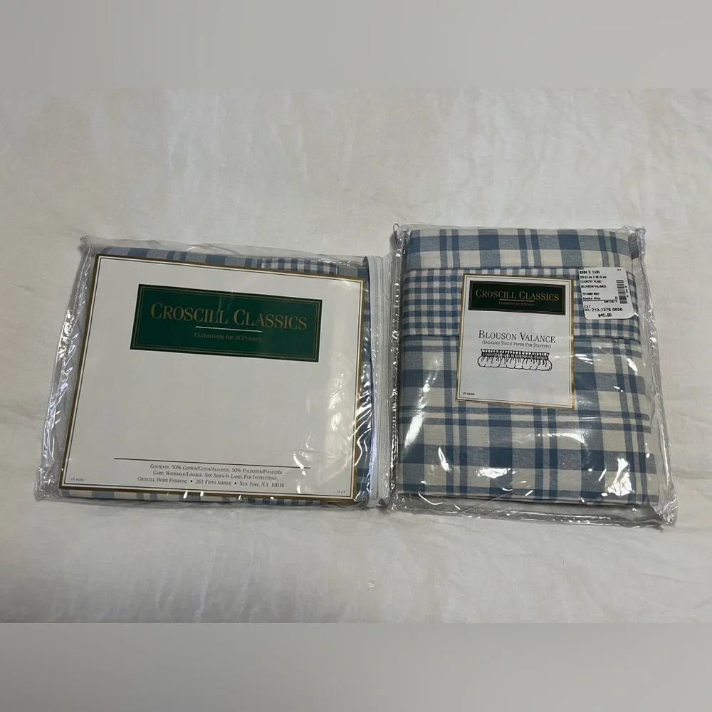 Croscill Classics | Set Of 2 Blue Plaid Blouson Valance Curtains 88” X 15” | NIP